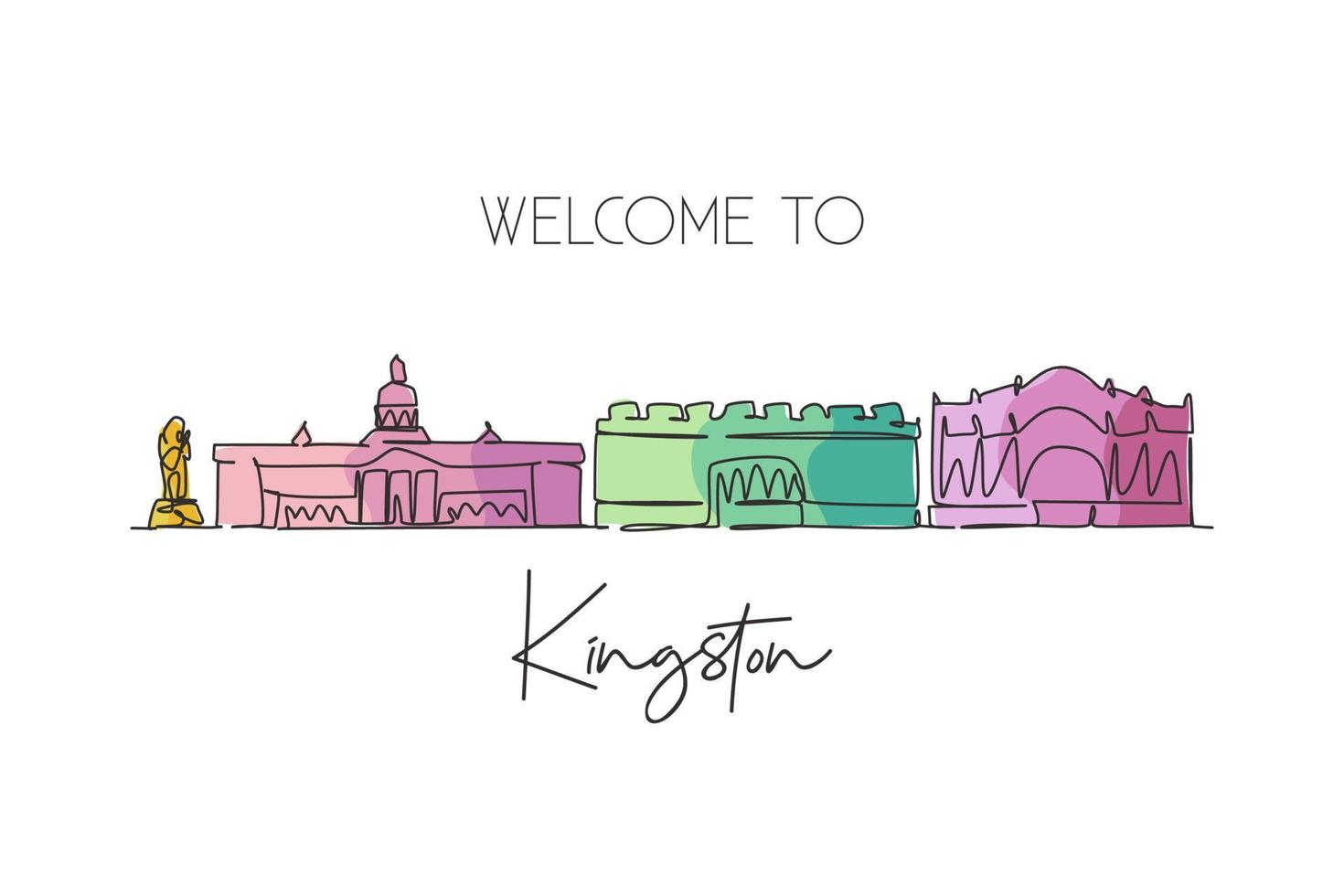 una sola línea dibujando el horizonte de la ciudad de kingston, jamaica. paisaje histórico mundial de la ciudad. la mejor postal de destino de vacaciones. ilustración de vector de diseño de dibujo de línea continua de moda de trazo editable