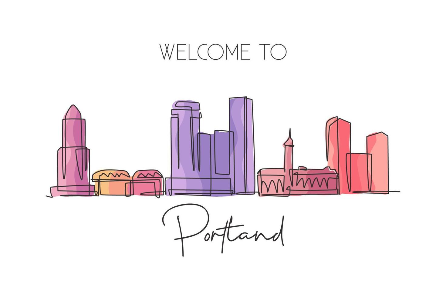 Single continuous line drawing of Portland city skyline, USA. Famous city scraper and landscape. World travel concept home wall decor art poster print. Modern one line draw design vector illustration