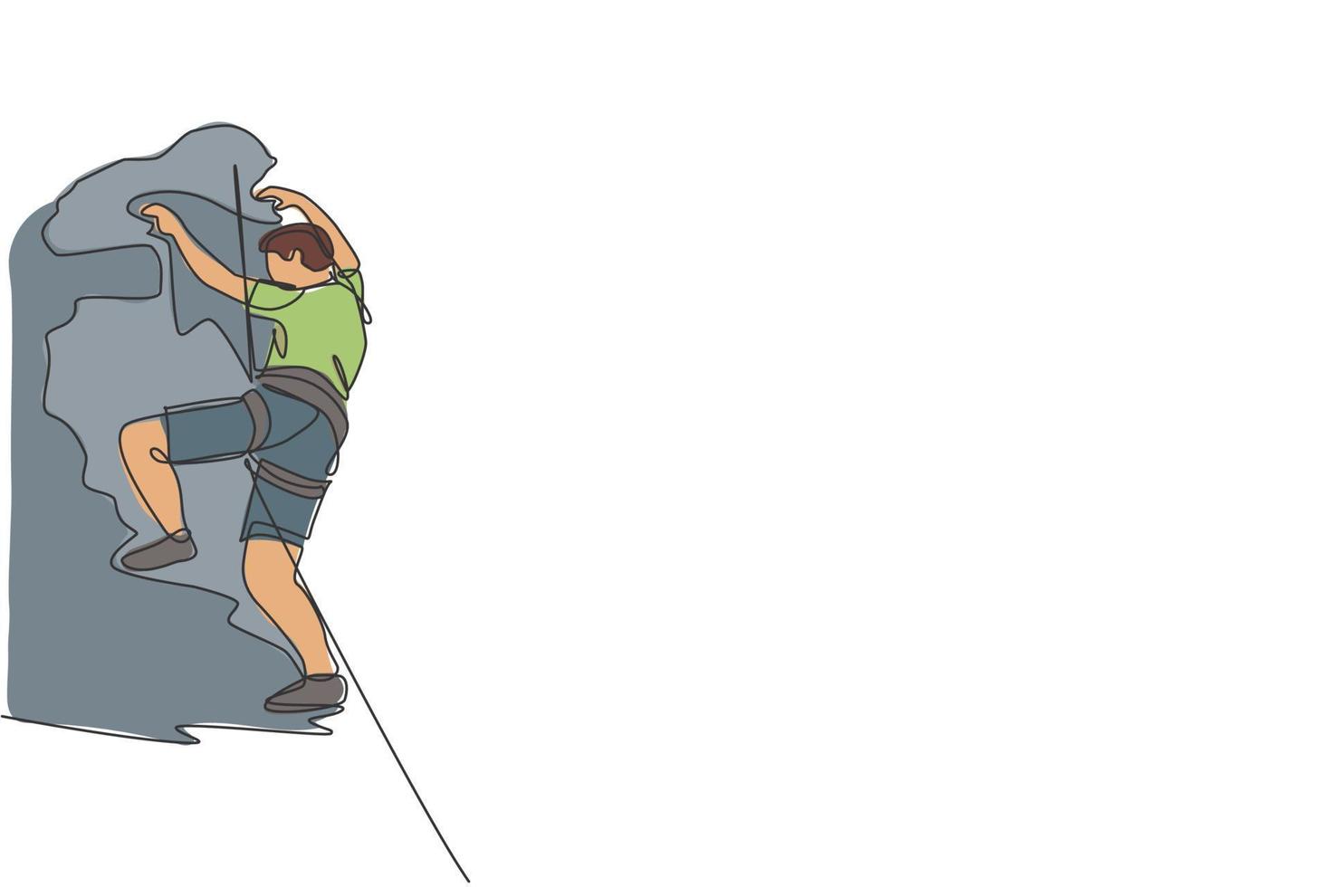 One continuous line drawing of young bravery climber man practice overhanging rock cliff mountain with safety rope. Dangerous extreme sport concept. Dynamic single line draw design vector illustration