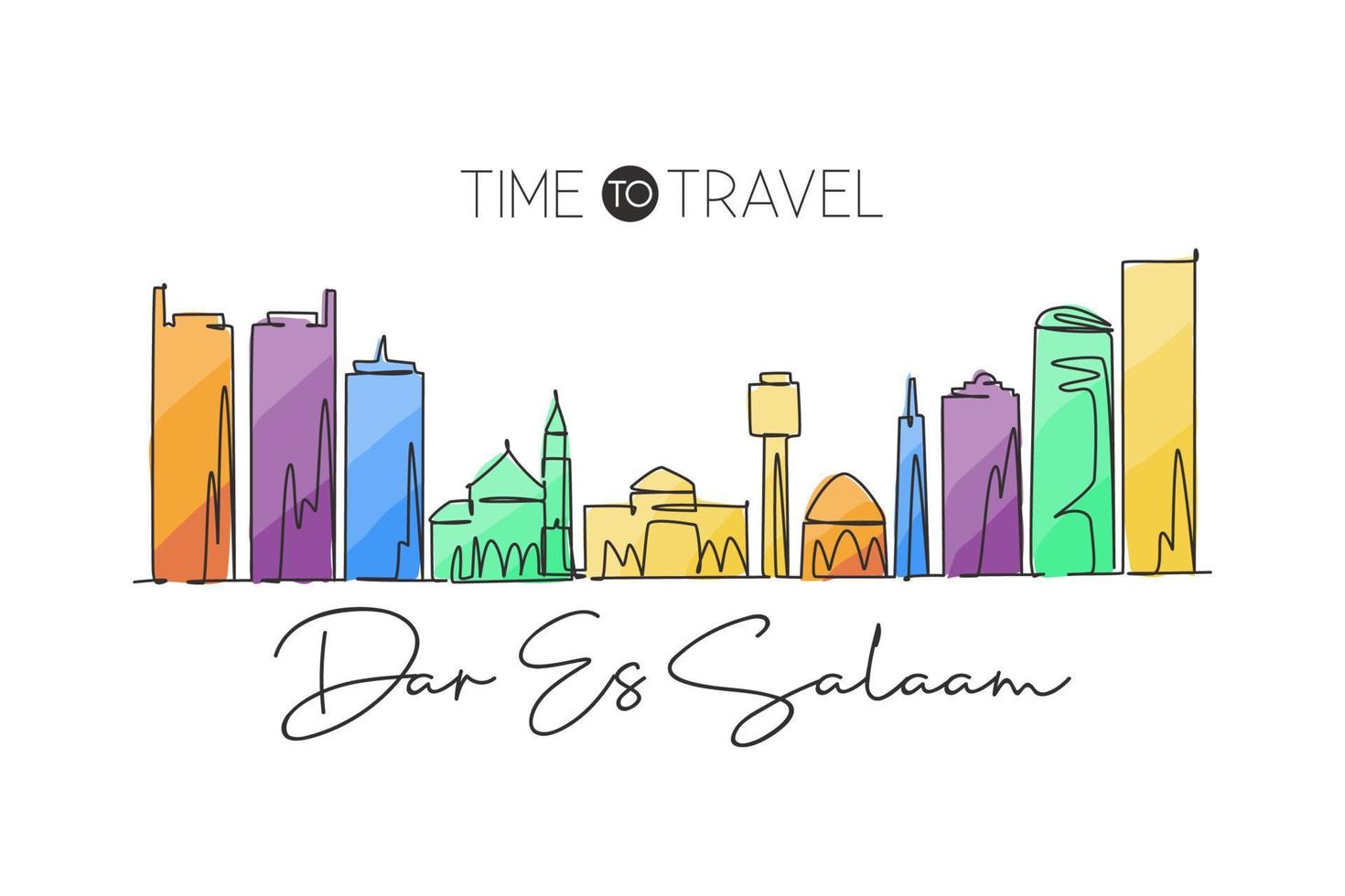 One single line drawing of Dar Es Salaam city skyline, Tanzania. Historical place landscape postcard print. Best holiday destination. Editable stroke Continuous line draw design vector illustration