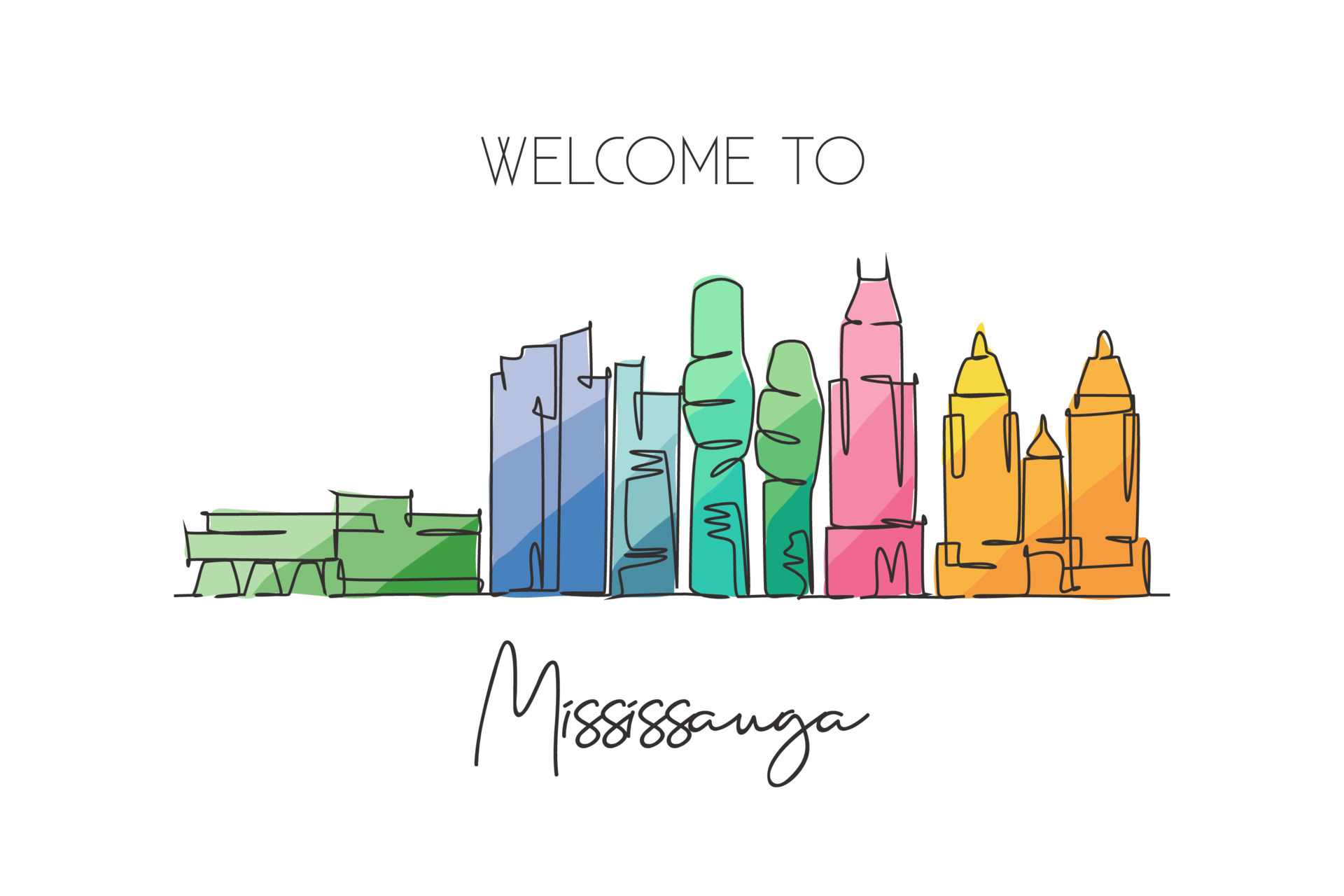 One single line drawing Mississauga city skyline Canada. World