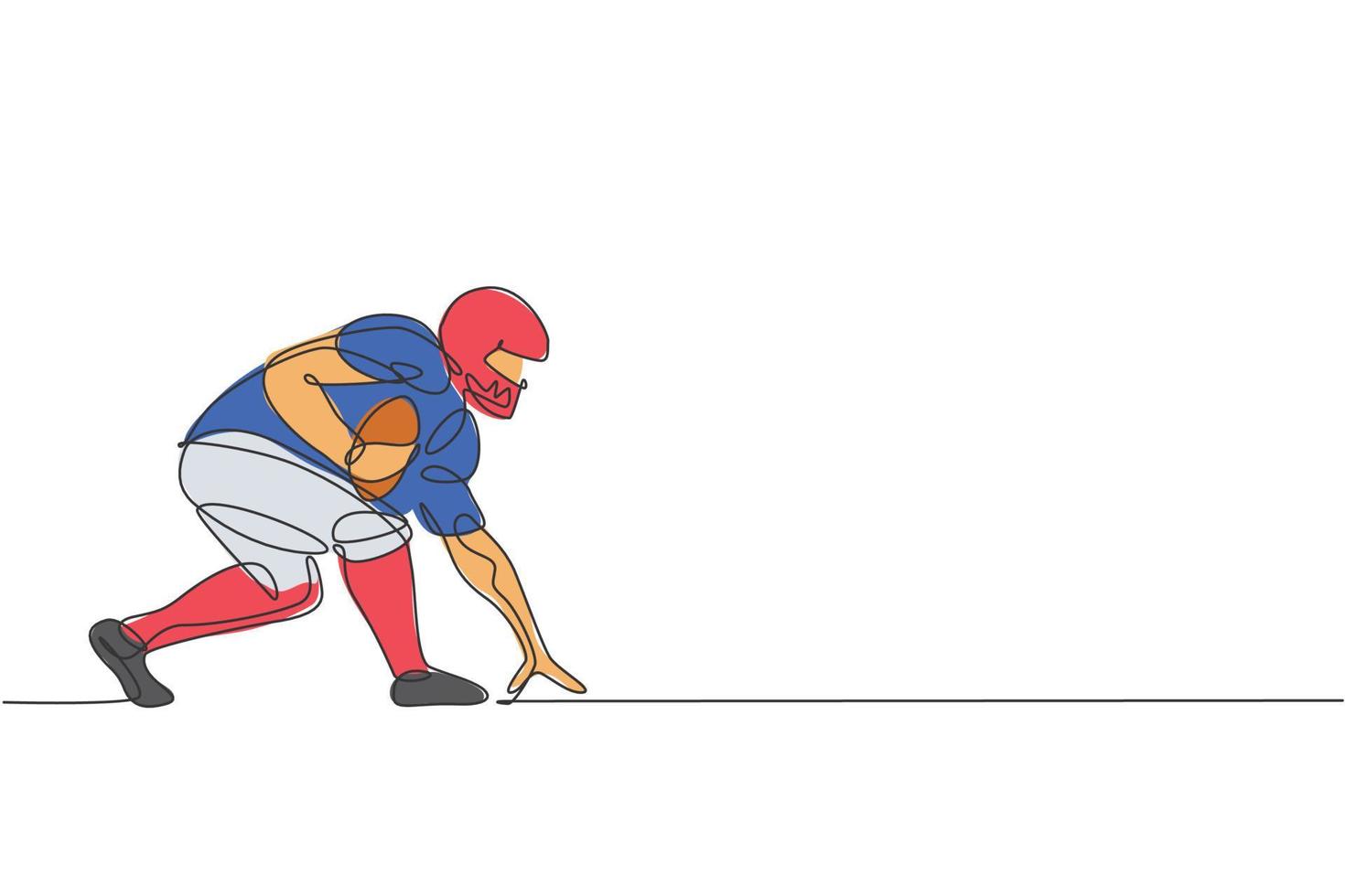 One continuous line drawing of young american football player stance to run fast to reach goal line for competition poster. Sport teamwork concept. Dynamic single line draw design vector illustration