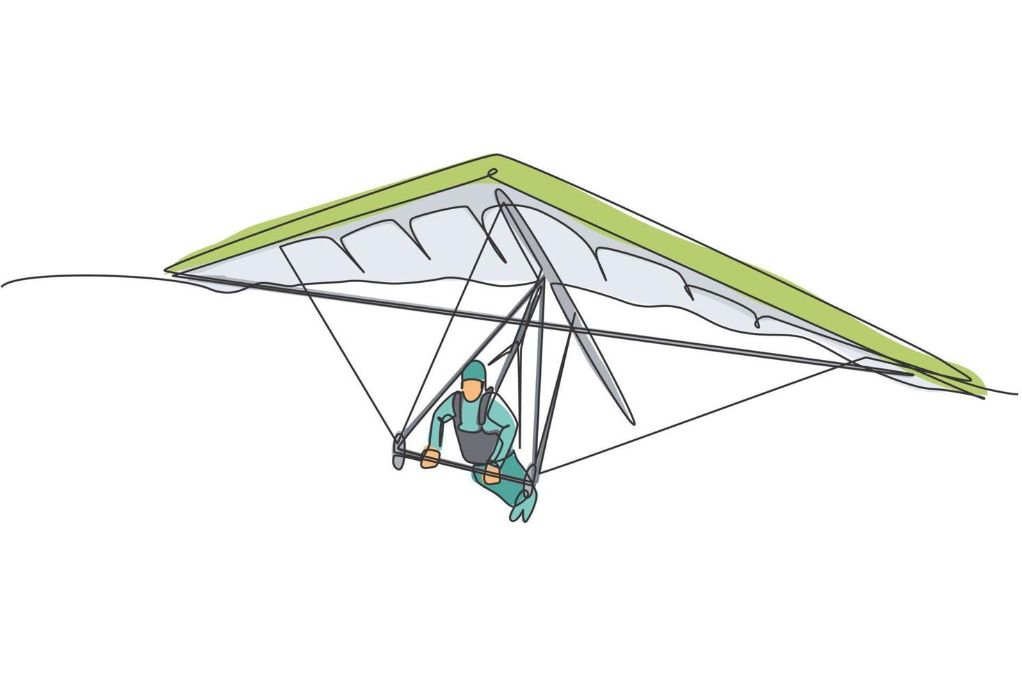 One continuous line drawing of young bravery man flying in the sky using hang gliding parachute. Outdoor dangerous extreme sport concept. Dynamic single line draw design vector illustration graphic