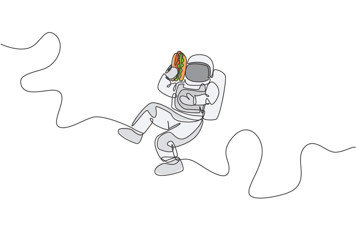 dibujo de una línea continua de un astronauta sosteniendo y comiendo un delicioso perrito caliente en la galaxia nebulosa. ficción de fantasía del concepto de vida del espacio exterior. Ilustración de vector de diseño gráfico de dibujo de una línea de moda