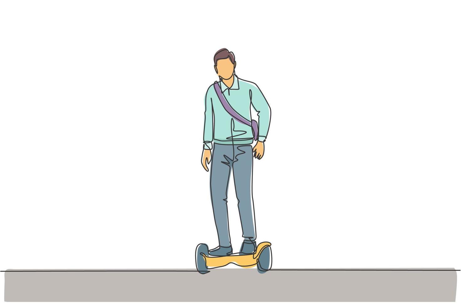 un dibujo de línea continua de un joven trabajador feliz de pie y viaje en hoverboard a la oficina. transporte verde. concepto de estilo de vida urbano futuro. Ilustración de vector de diseño de dibujo de línea única dinámica