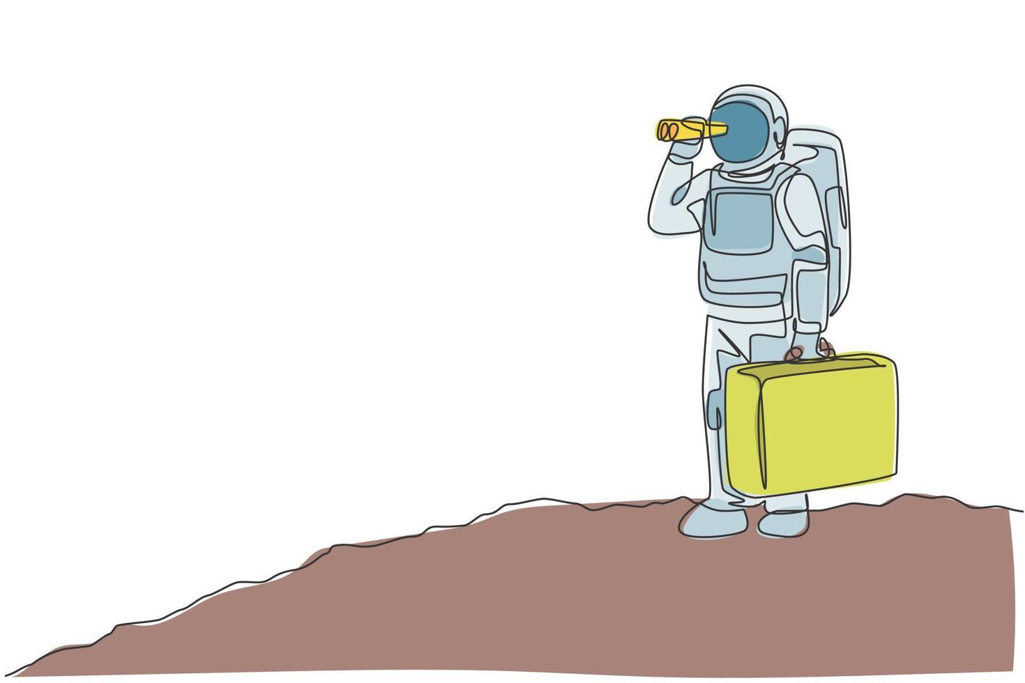 dibujo de línea continua única de un joven astronauta sosteniendo una maleta y mirando con binoculares en la superficie de la luna. concepto de galaxia cósmica del hombre del espacio. Ilustración de vector gráfico de diseño de dibujo de una línea de moda