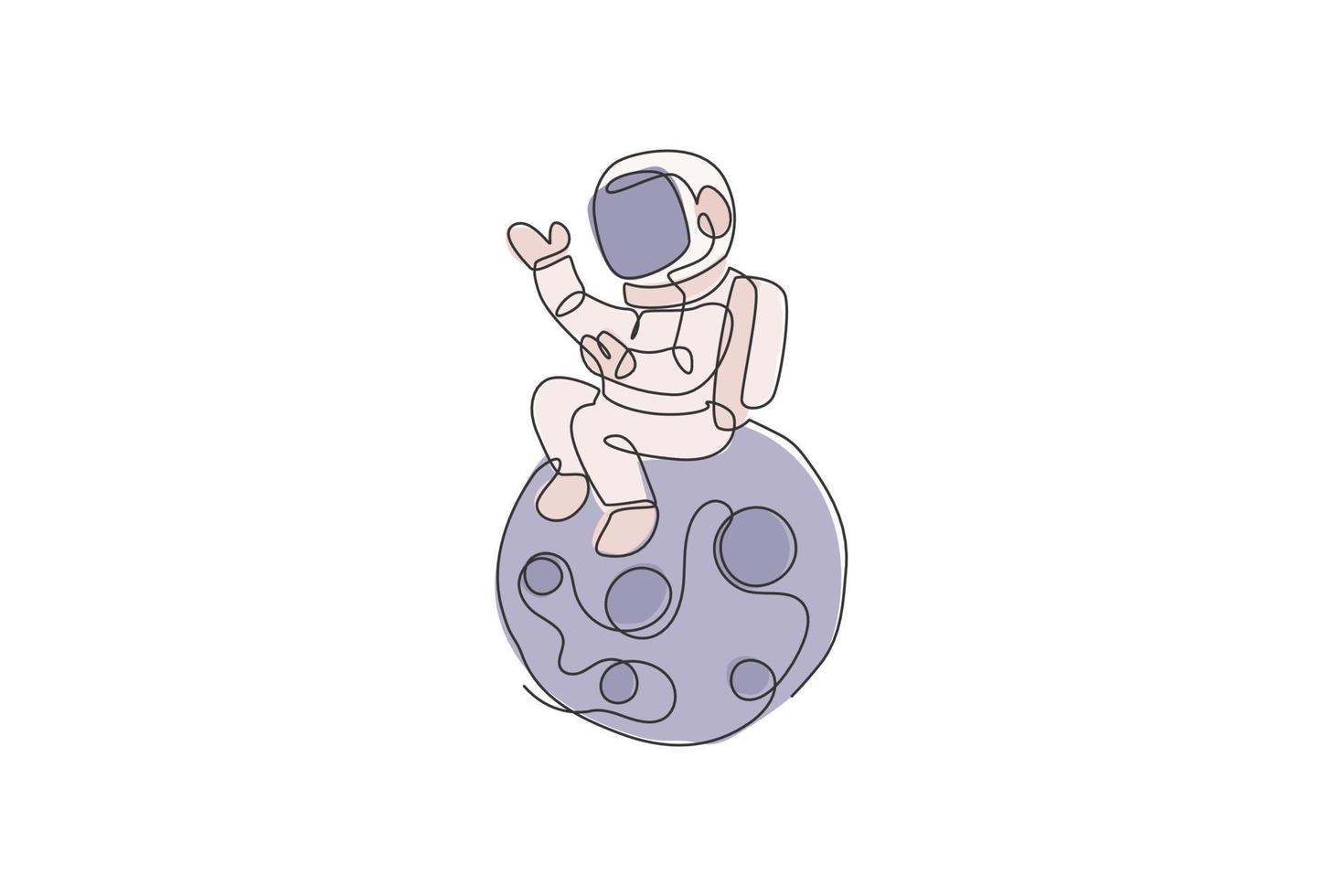 One continuous line drawing of cosmonaut exploring outer space. Astronaut sitting on full moon. Fantasy cosmic galaxy discovery concept. Dynamic single line draw design vector graphic illustration