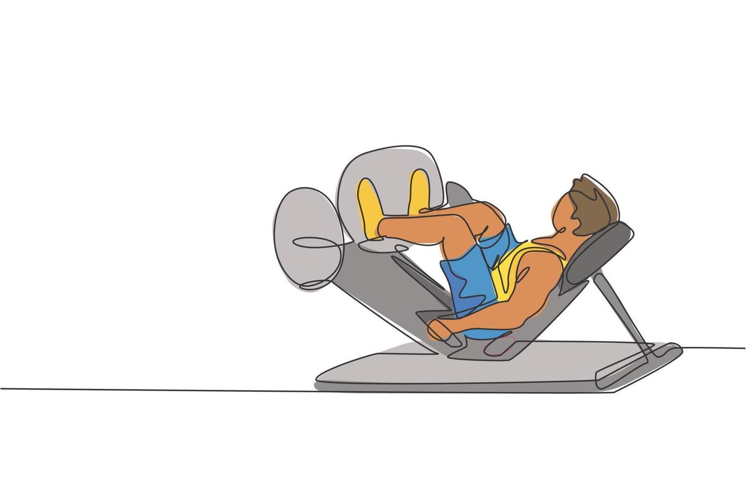 Single continuous line drawing of young sportive man training with leg press in sport gymnasium club center. Fitness stretching concept. Trendy one line draw design vector graphic illustration