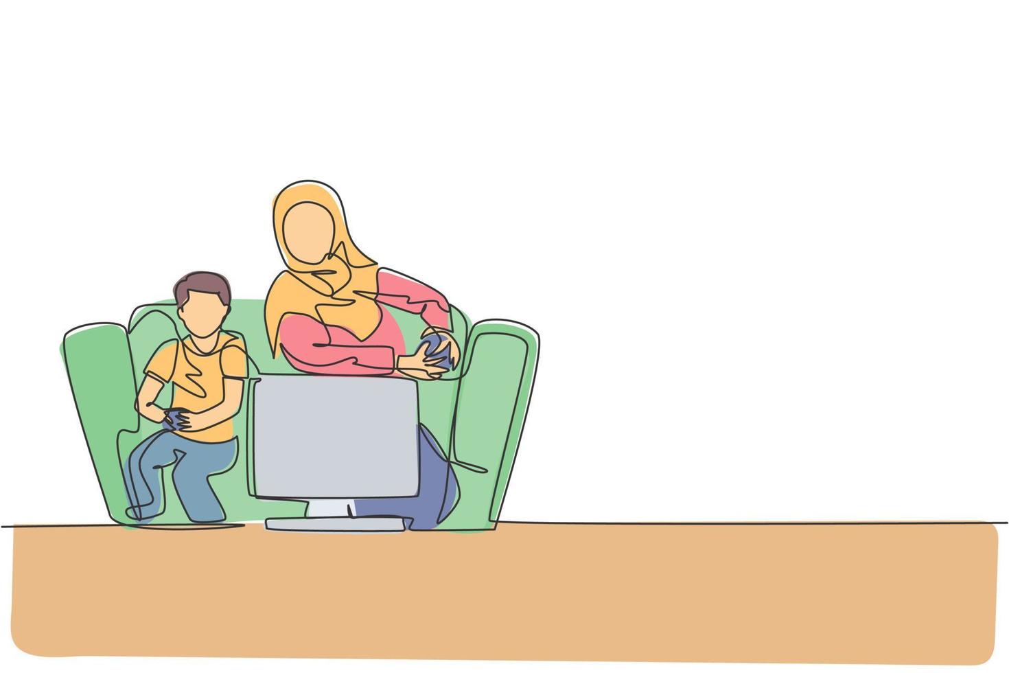 un dibujo de línea continua de una joven madre islámica que juega a un juego de consola con su hijo juntos en casa. feliz concepto de familia de crianza de los hijos musulmanes árabes. Ilustración de vector de diseño de dibujo de línea única dinámica