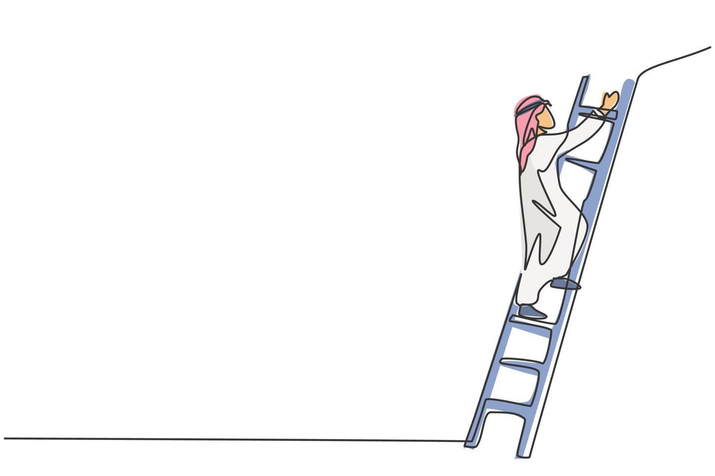 Continuous one line drawing of young Arab businessman climb the ladder up to pass the wall. Business solution metaphor minimalist concept. Trendy single line draw design vector graphic illustration