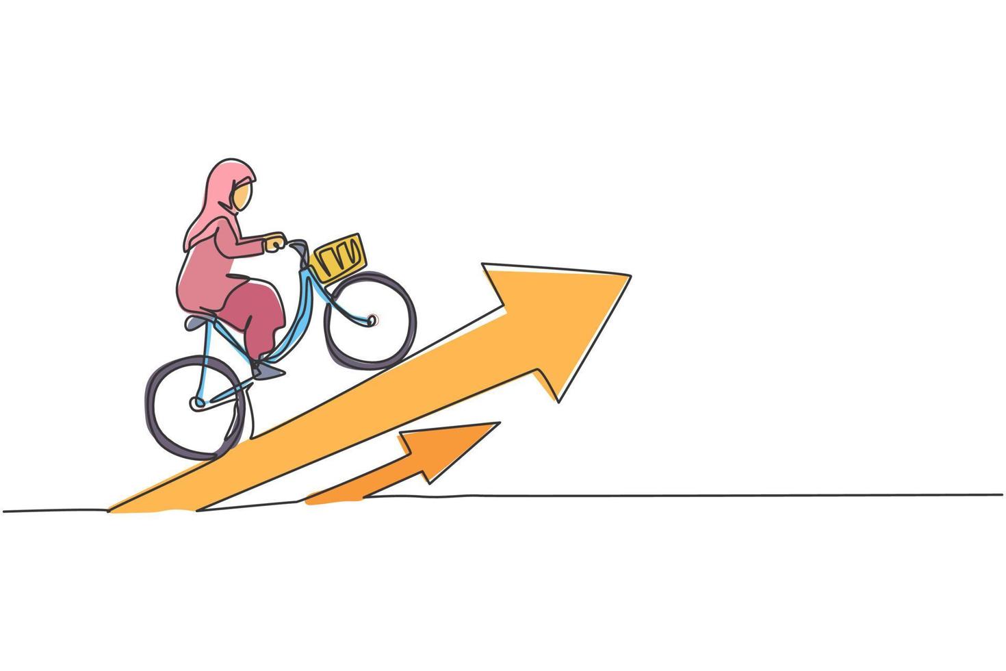 Single one line drawing of young smart Arab business woman ride bicycle to arrow up symbol. Business growth minimal concept. Modern continuous line draw design graphic vector illustration