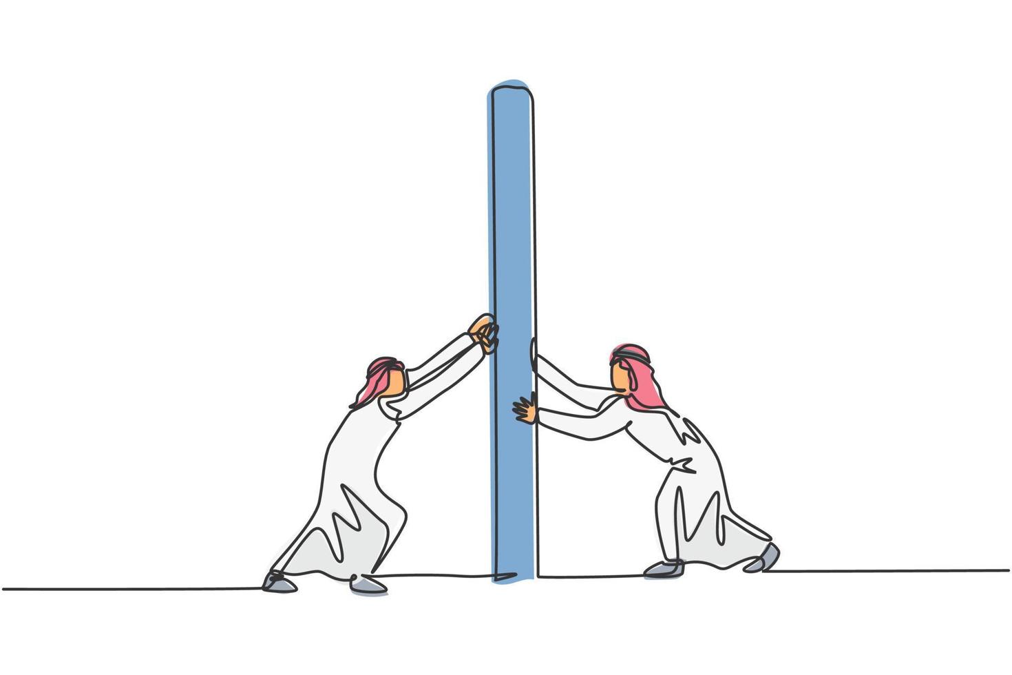 Single one line drawing of two young Arabian male entrepreneurs pushing the wall to win the fight. Business competition minimal concept. Modern continuous line draw design graphic vector illustration