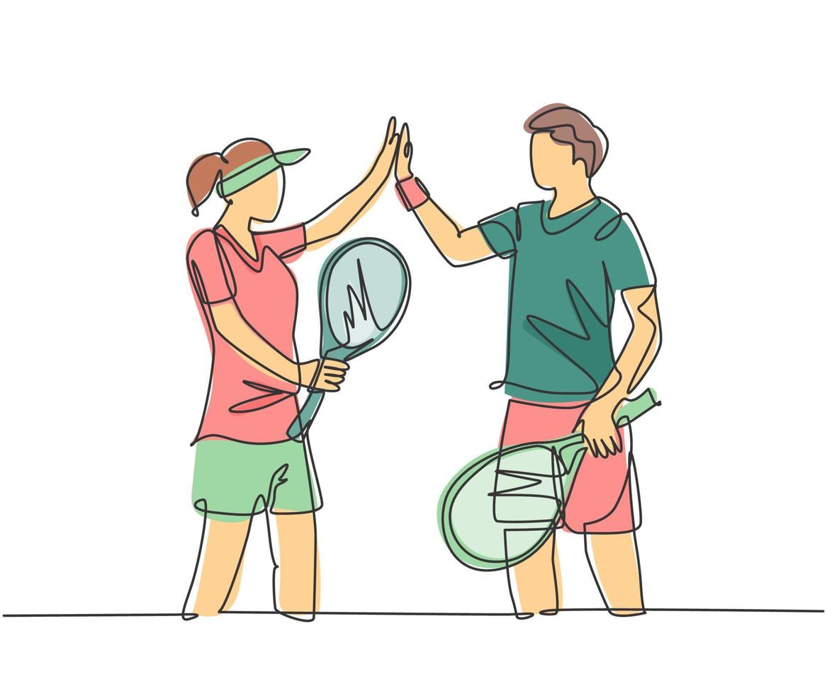 One line drawing of young fun couple male and female playing tennis at grass court together and giving high five gesture. Relationship concept continuous line draw graphic design vector illustration