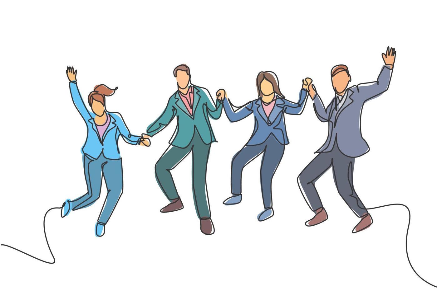 One line drawing of young happy business man and business woman jumping to celebrate their successive team business. Business deal concept continuous line draw graphic design vector illustration