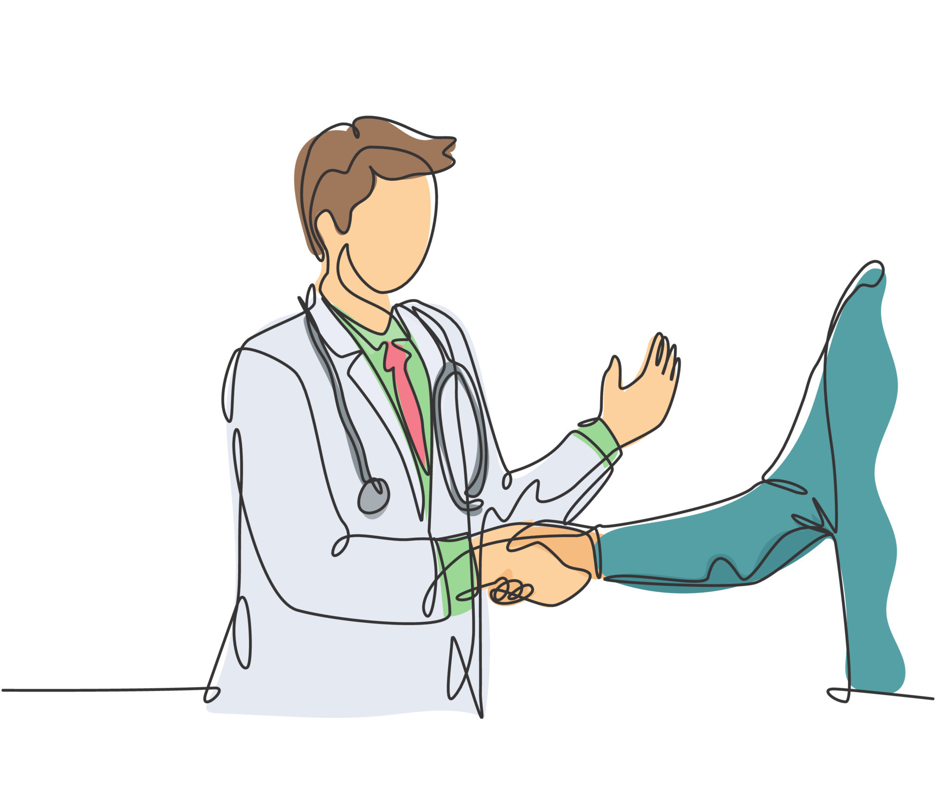 Continuous line drawing of young doctor shaking hand the patient in