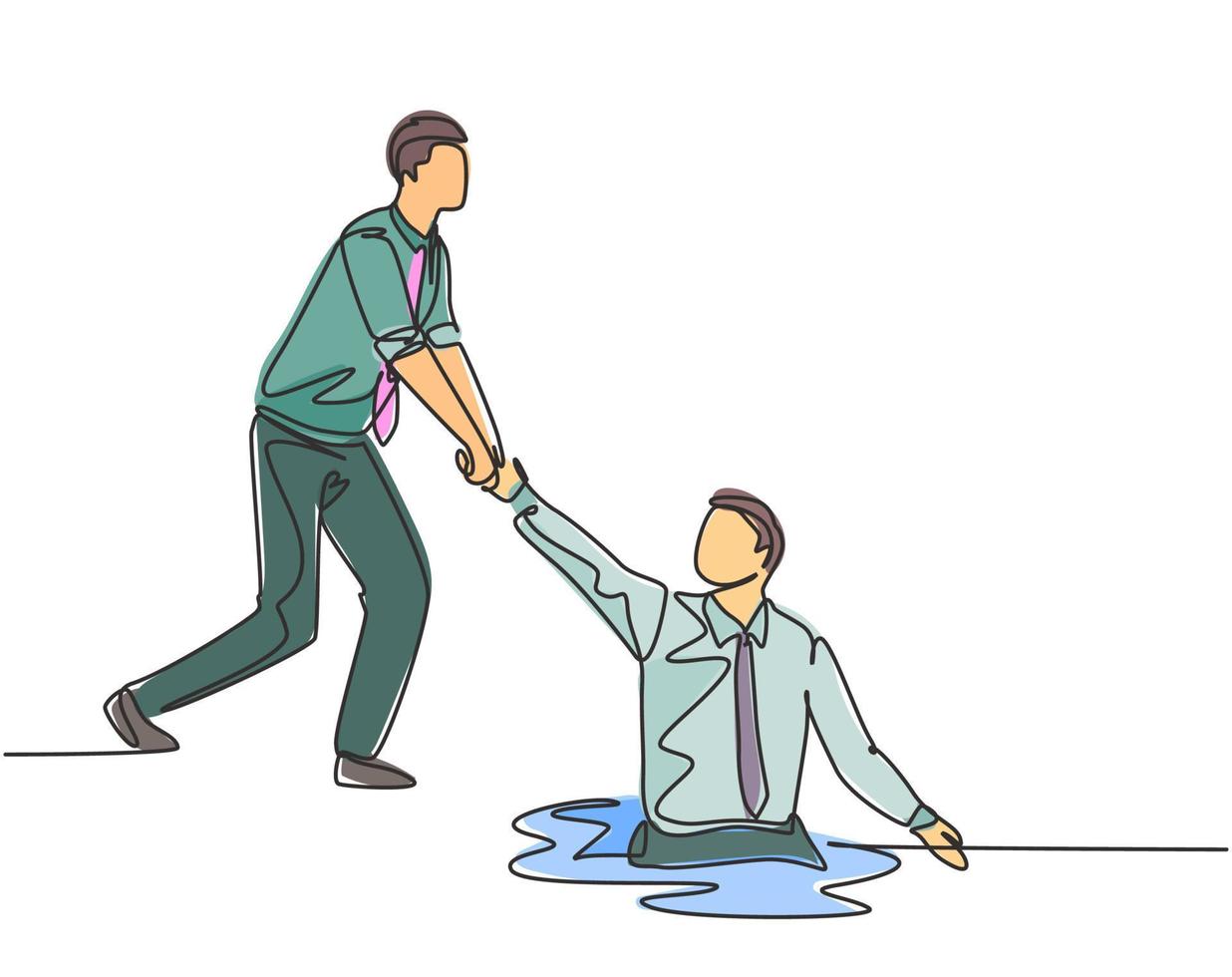 One single line drawing of young energetic businessman helps pull his colleague who falls into the hole to go out. Business teamwork support concept continuous line draw design vector illustration