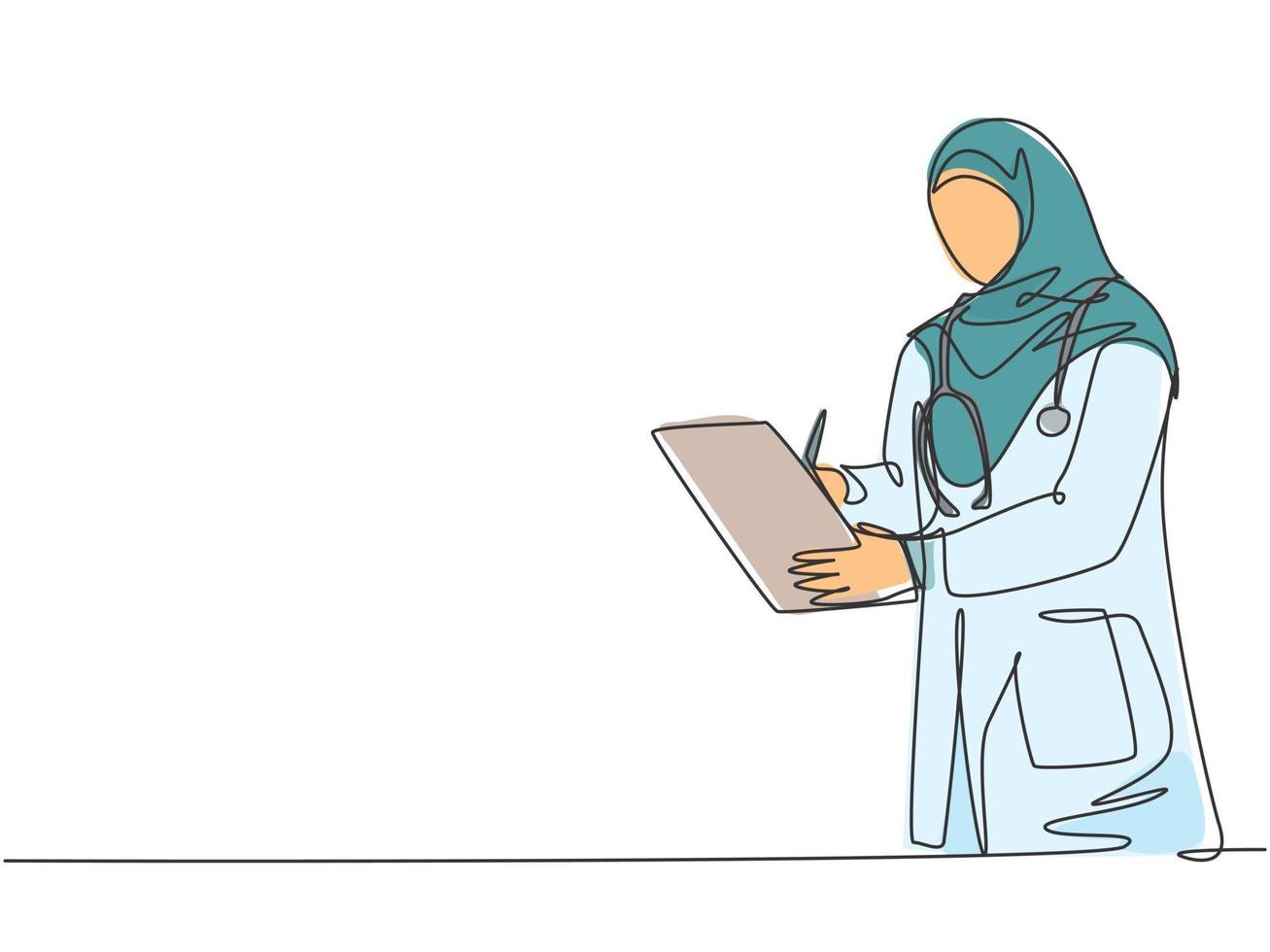 One single line drawing of young Arabian muslimah doctor wearing hijab writing medical report on clipboard at hospital. Medical health care concept continuous line draw design vector illustration