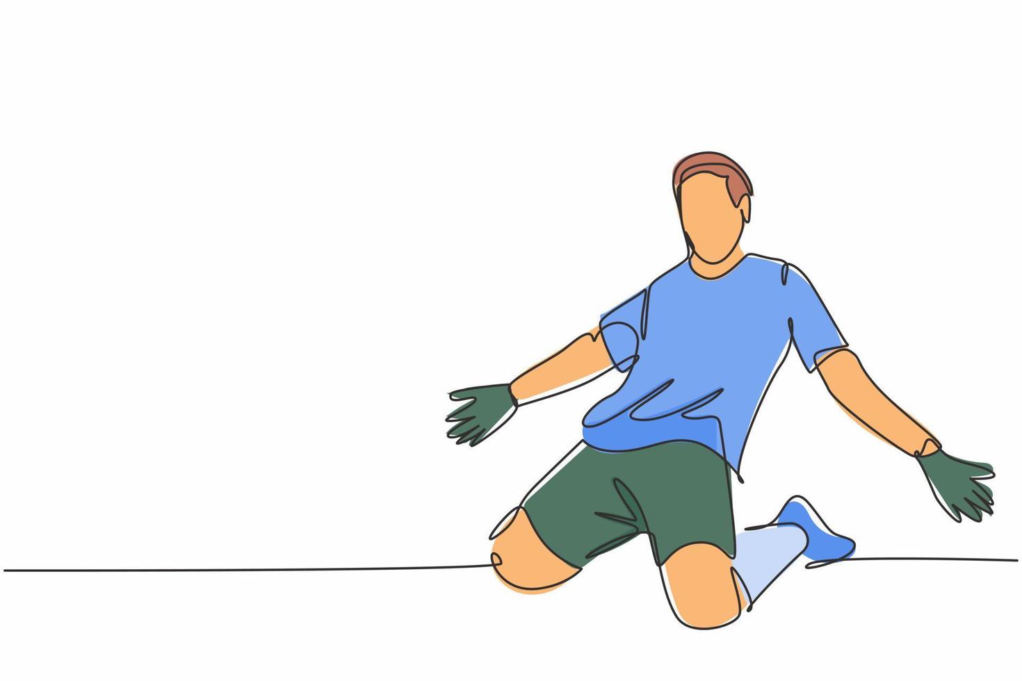 One continuous line drawing of young sporty soccer player spreading his arms and sliding over the field. Match goal scoring celebration concept single line draw design vector illustration