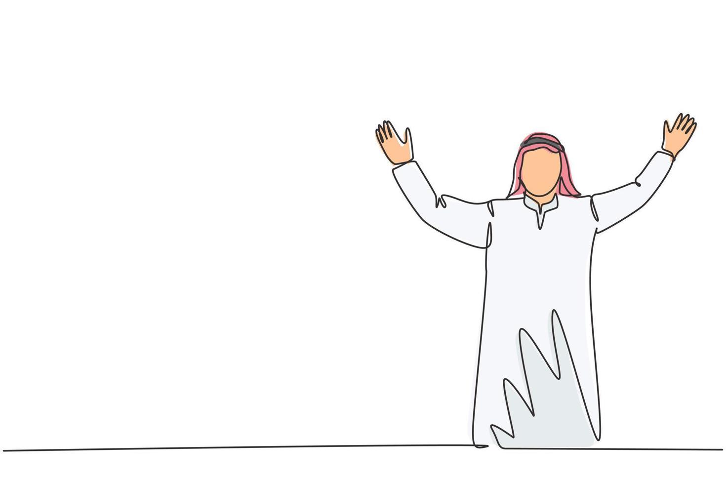 un dibujo de una sola línea de un joven empleado musulmán feliz celebra su promoción laboral. trabajador árabe saudita con shmag, kandora, pañuelo en la cabeza, thobe, ghutra. Ilustración de vector de diseño de dibujo de línea continua