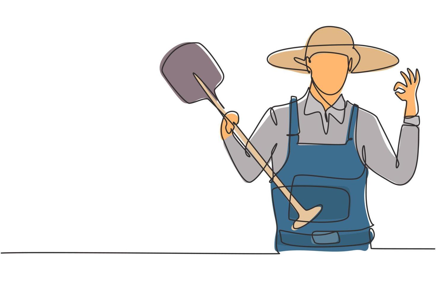 Single one line drawing of farmer with gesture okay wearing straw hat and carrying shovel to work on the farm. Success business concept. Modern continuous line draw design graphic vector illustration