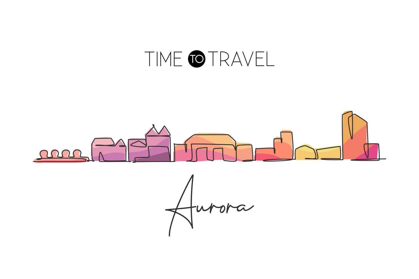 One single line drawing visit Aurora city skyline, Colorado. World beauty town landscape art. Best holiday destination postcard. Editable stroke trendy continuous line draw design vector illustration