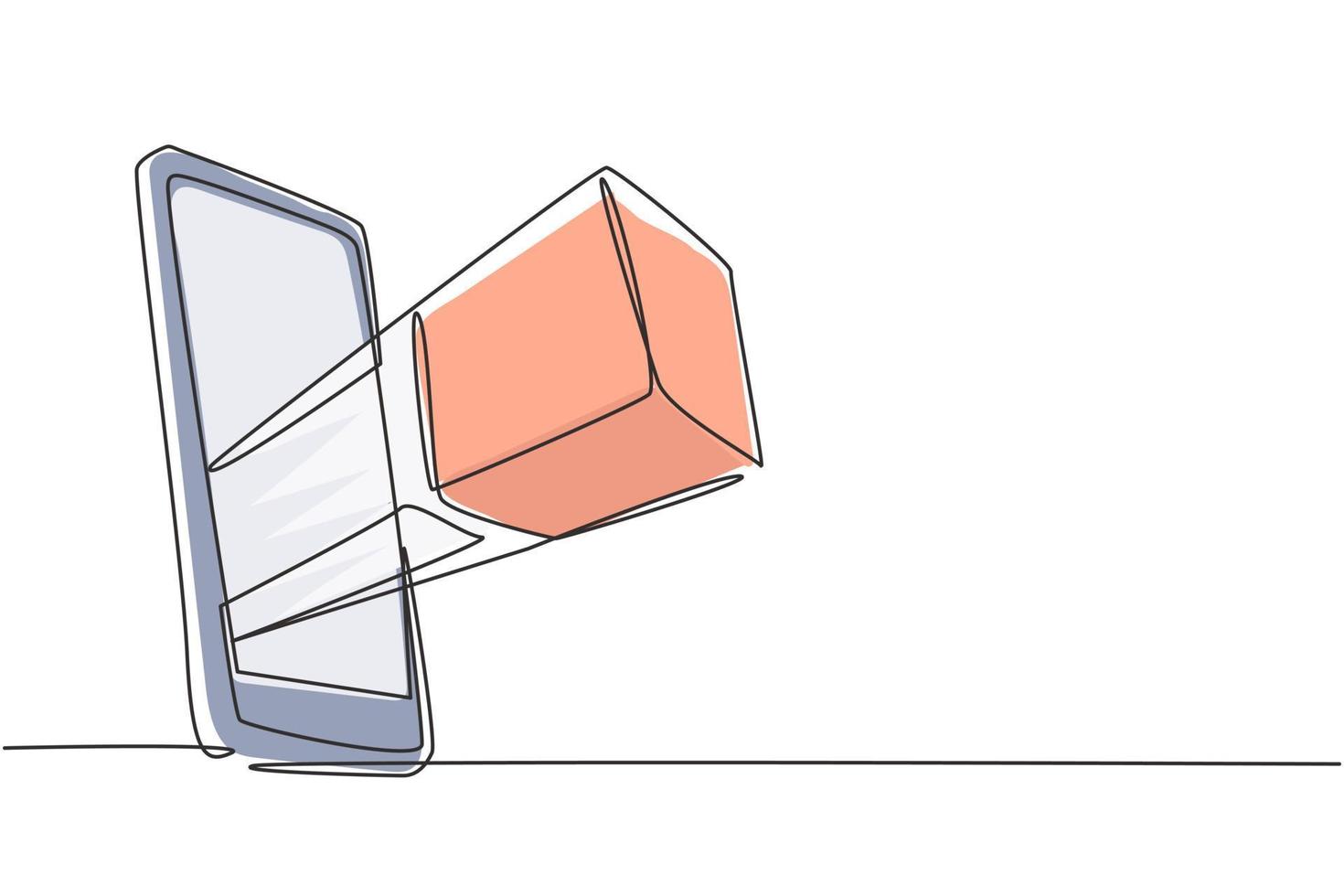 caja de paquete de dibujo de línea continua única fuera de la pantalla del teléfono inteligente. concepto de teléfono de entrega en línea. envío de paquetes de entrega de respuesta rápida en el móvil. Ilustración de vector de diseño gráfico de dibujo de una línea