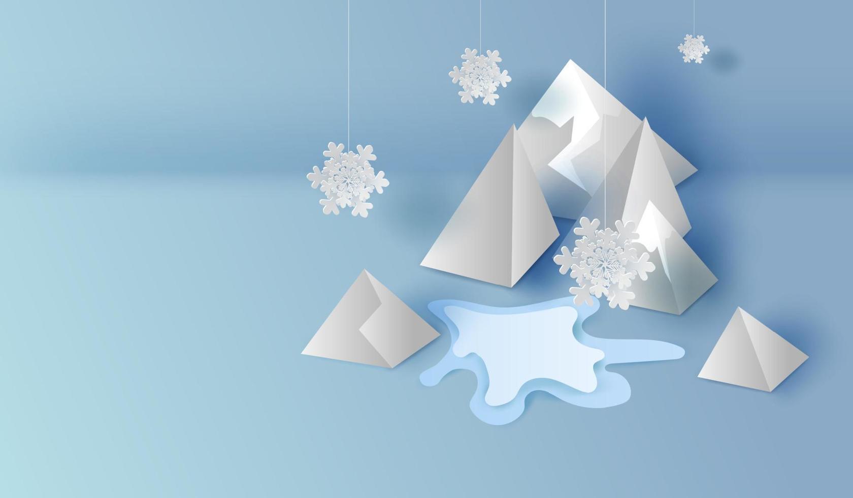 3D on top view of paper art and craft Mountains landscape scene,Snowfall Graphic design for Winter season. Wintertime white valley design.paper cut style creative illustration place text space,vector. vector