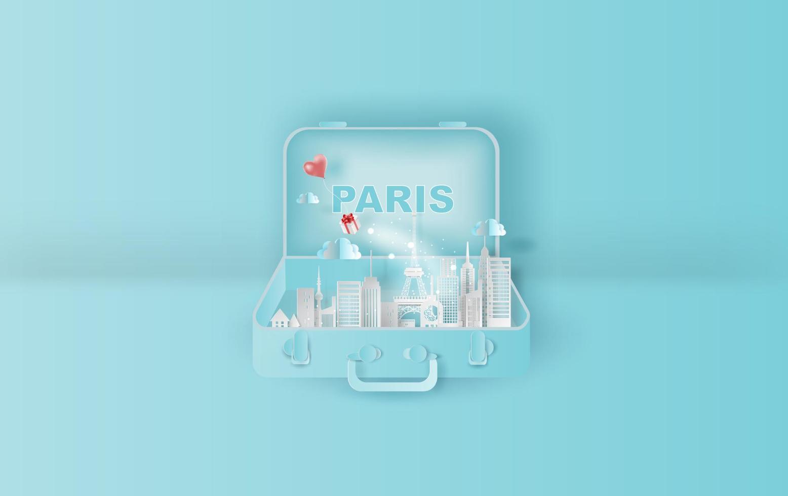 Paper art of Traveling holiday hotel booking Eiffel tower Paris city,Website Travel landmarks city pastel color suitcase concept your text space background,Illustration of idea design vacation.vector. vector