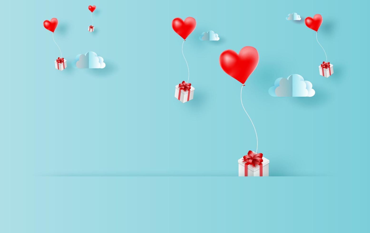 3D Paper art and craft style of red balloons heart gift floating in sky with landscape cloudscape view shadow scene place for your text space in travel holiday concept.Blue color pastel.vector. vector