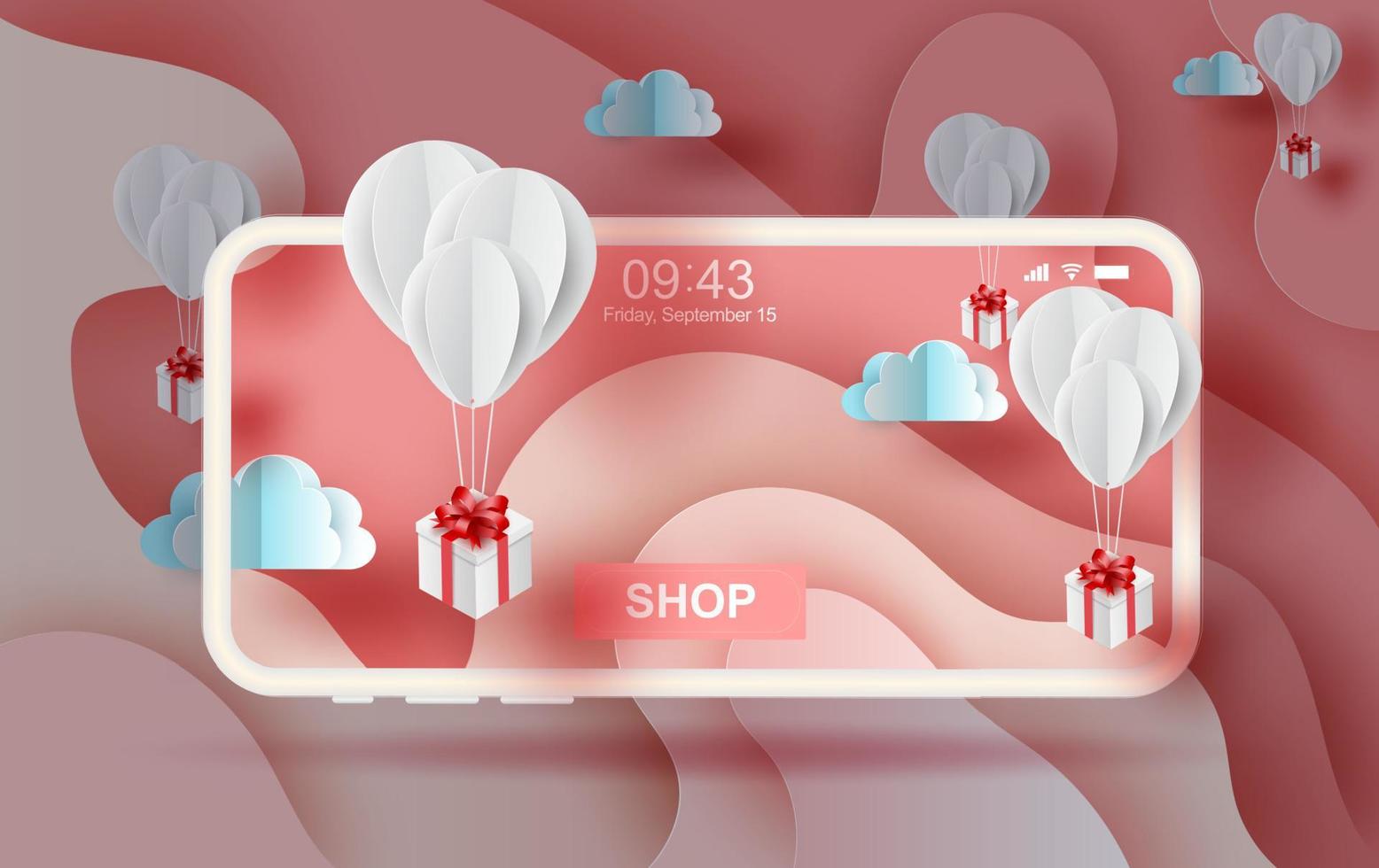 3d papel Arte de aire blanco globos regalo flotante en resumen curva forma rosado cielo fondo,valentin temporada concepto.banner,tarjeta y póster para festival fiesta pastel color,vector.ilustracion vector