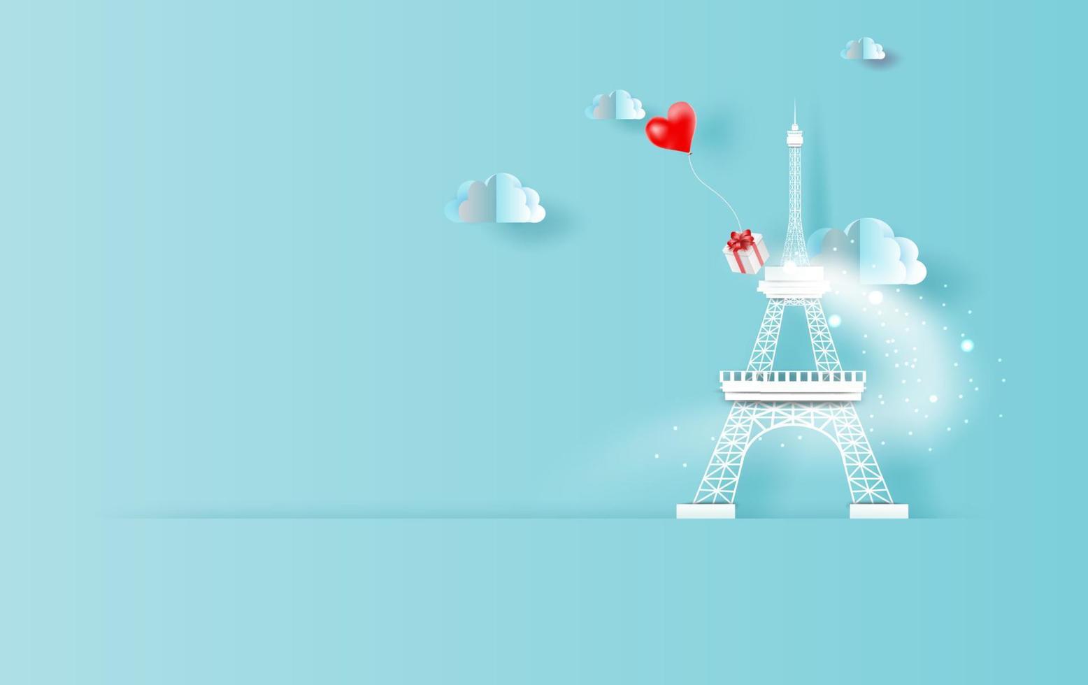 3D Paper art of red balloons heart gift floating in sky with landscape cloudscape view shadow. Scene place for your text space in Eiffel tower Paris travel holiday concept. Blue color pastel.vector. vector