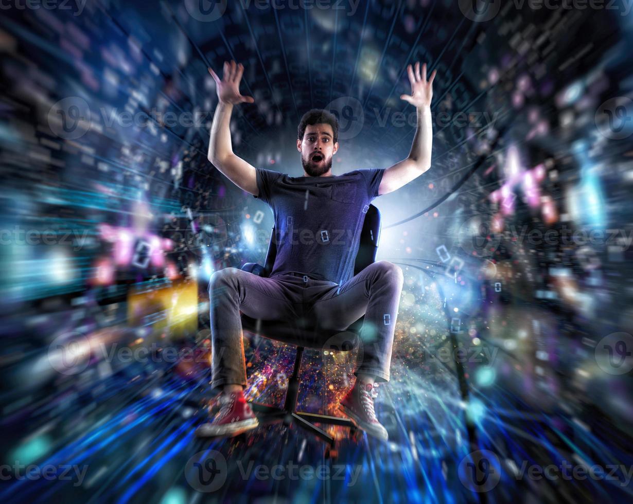 Man on a office chair go fast in a internet cable. Concept of fast internet and network connection photo
