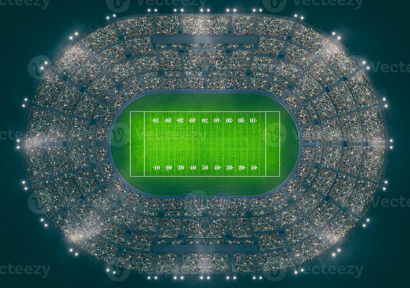 Top view of an american football stadium full of people during a night game . 3D Rendering photo
