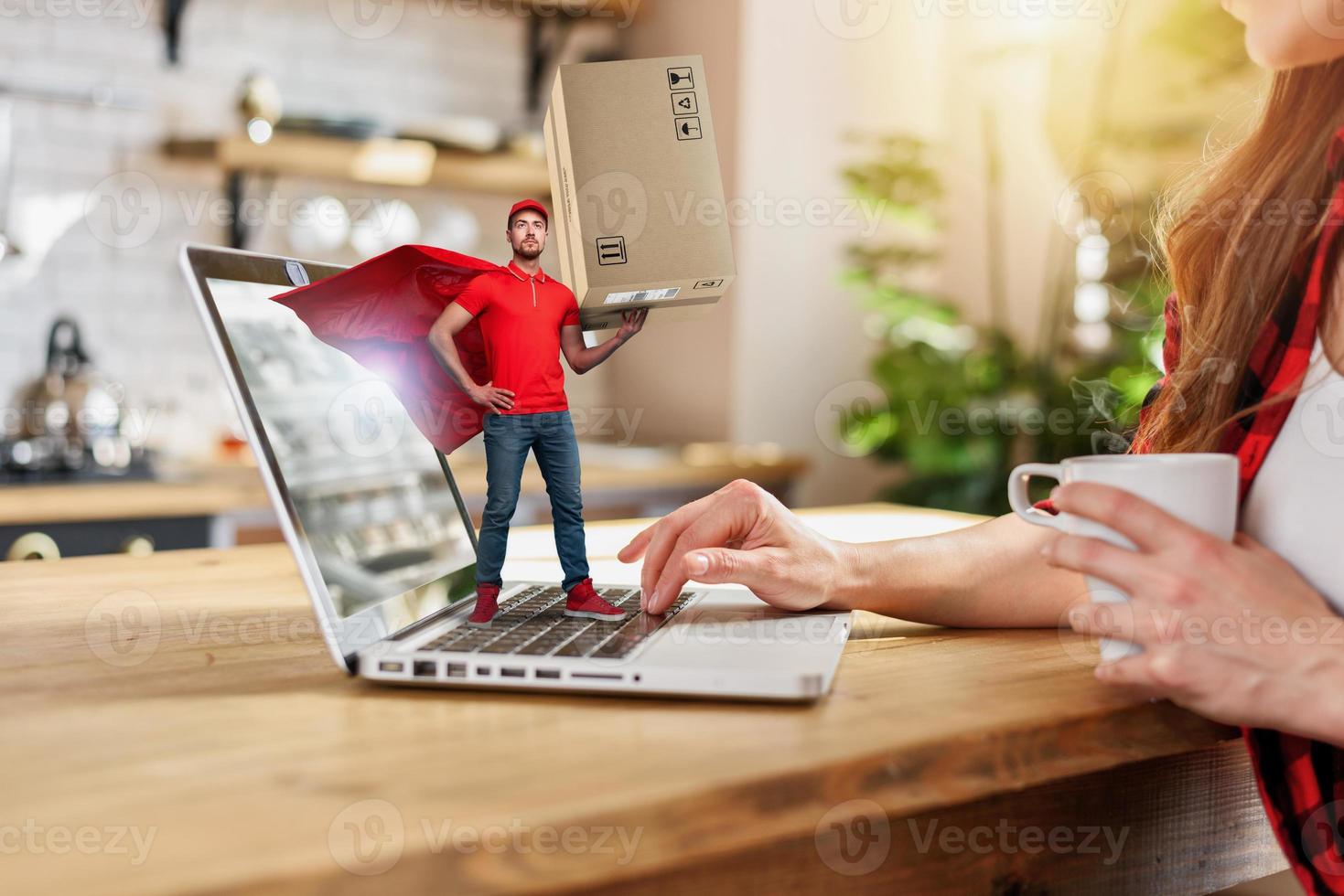 Woman does shopping through e-commerce online shop. Concept of super fast delivery photo