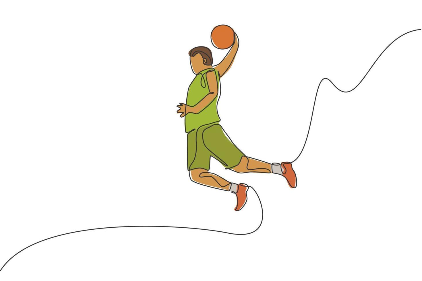 un dibujo de una sola línea de un joven y enérgico jugador de baloncesto slam dunk ilustración vectorial. concepto de competición deportiva. diseño moderno de dibujo de línea continua para afiches y pancartas de torneos de baloncesto vector