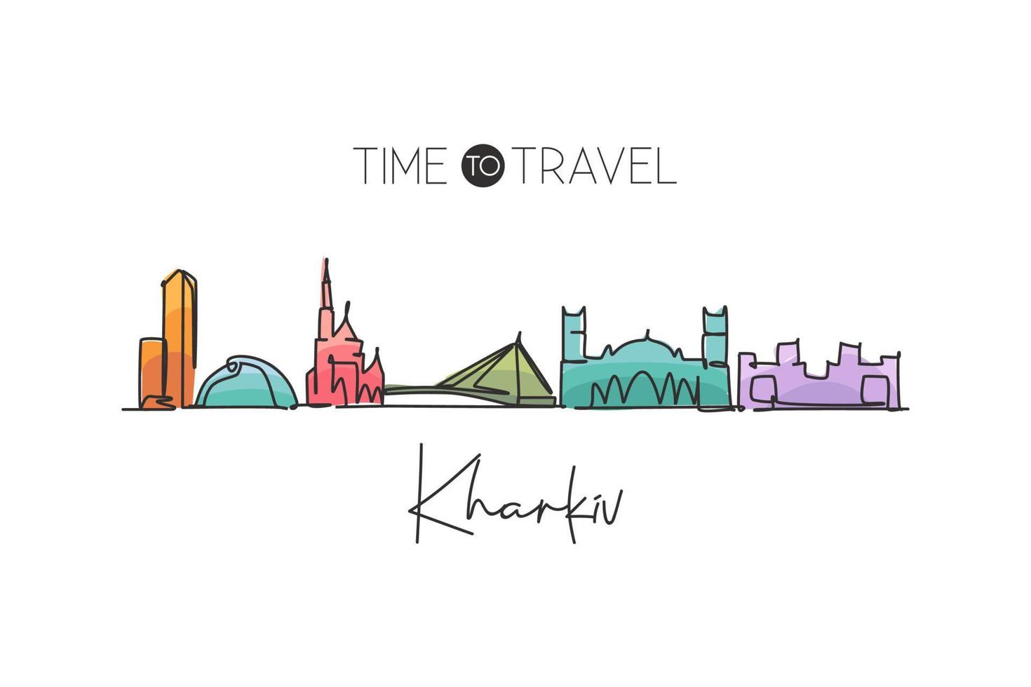 Single continuous line drawing Kharkiv city skyline, Ukraine. Famous city scraper landscape postcard. World travel destination concept. Editable stroke modern one line draw design vector illustration