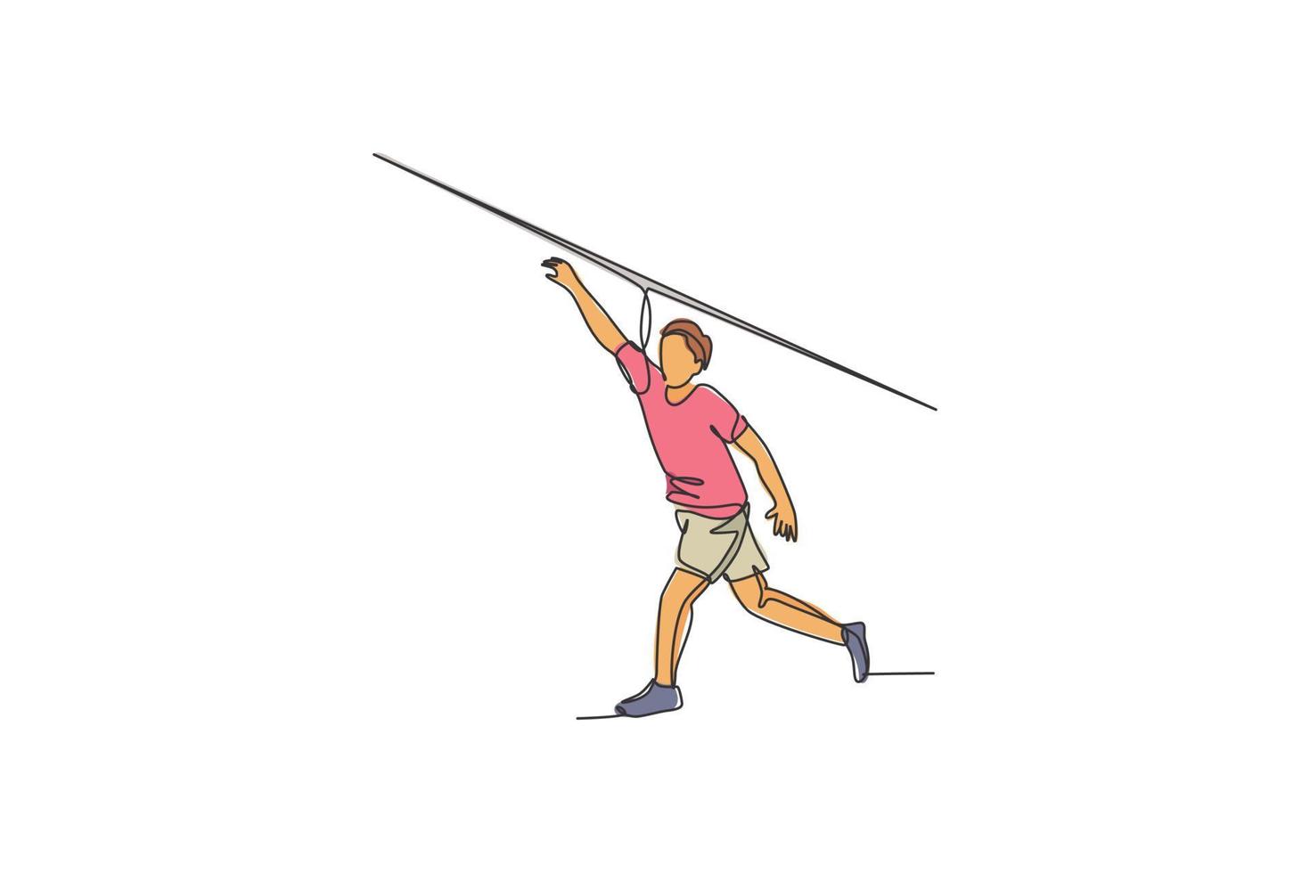 un dibujo de una sola línea de un joven enérgico ejerciendo jabalina de lanzamiento largo con ilustración gráfica de vector de potencia. concepto de deporte atlético de estilo de vida saludable. diseño moderno de dibujo de línea continua
