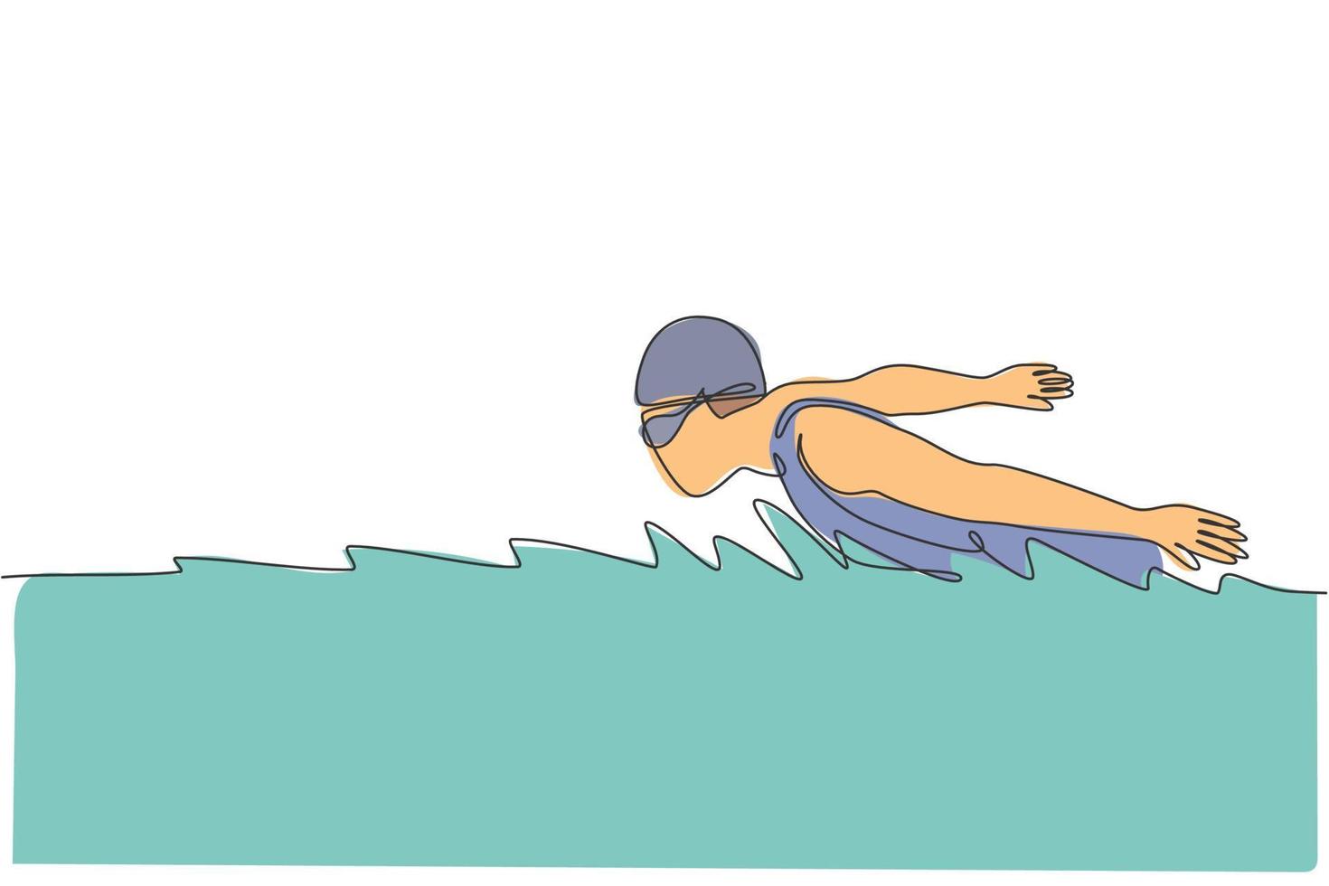 One continuous line drawing of young muscular professional swimmer focus swimming in sport center. Healthy sport fitness cardio exercise concept. Dynamic single line draw design vector illustration