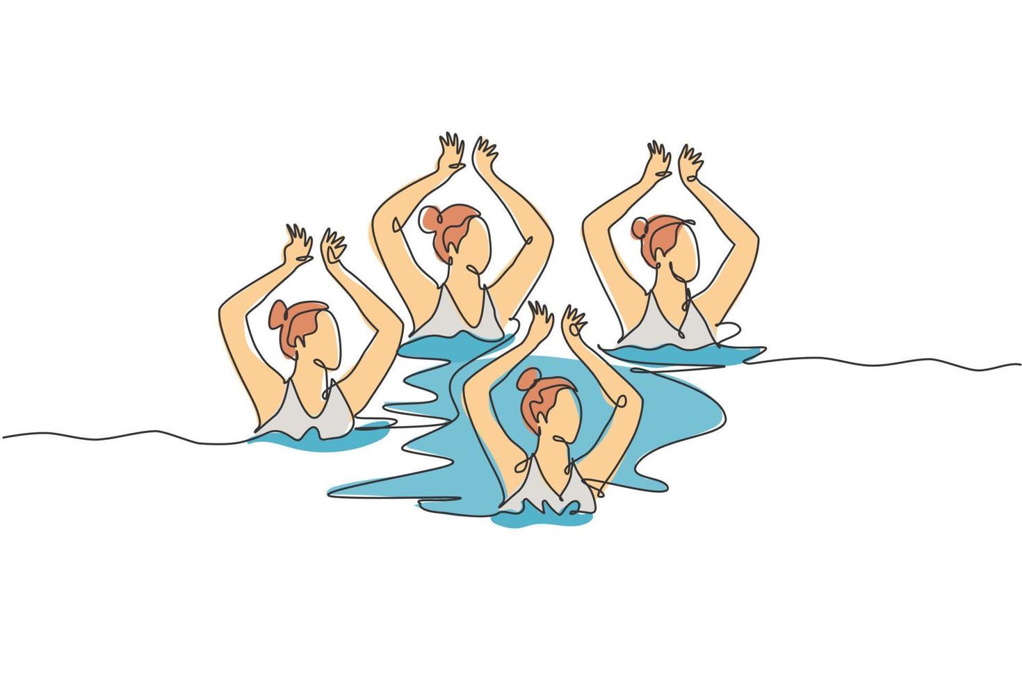One continuous line drawing of young sporty women synchronized swimmer perform beauty movement in the water pool. Healthy fitness sport concept. Dynamic single line draw design vector illustration