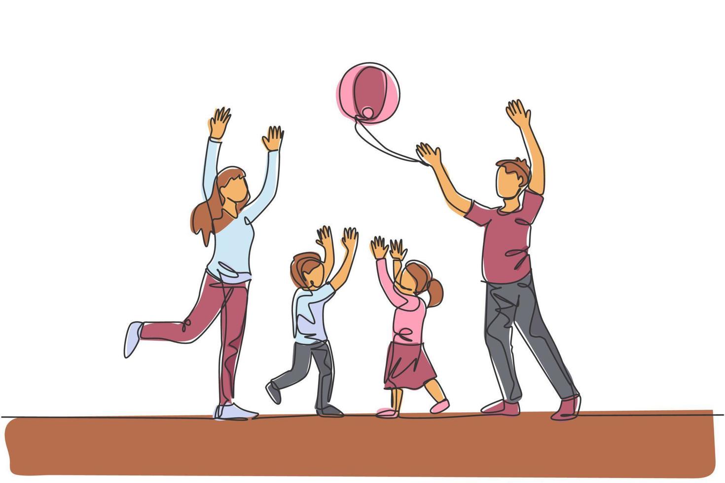 One single line drawing of young mother and father playing throw beach ball with their son and daughter at home vector illustration. Happy family parenting concept. Modern continuous line draw design