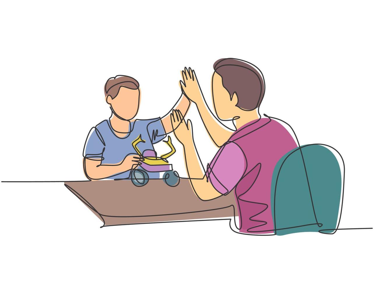 Single line drawing of of father accompany his kid playing a robot action figure model kit and gives high five gesture. Parenting concept continuous line draw design graphic vector illustration