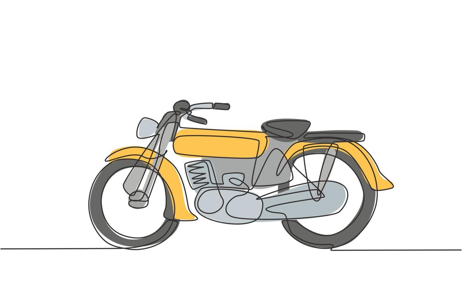 One single line drawing of old retro vintage motorcycle. Vintage motorbike transportation concept continuous line graphic draw design vector illustration
