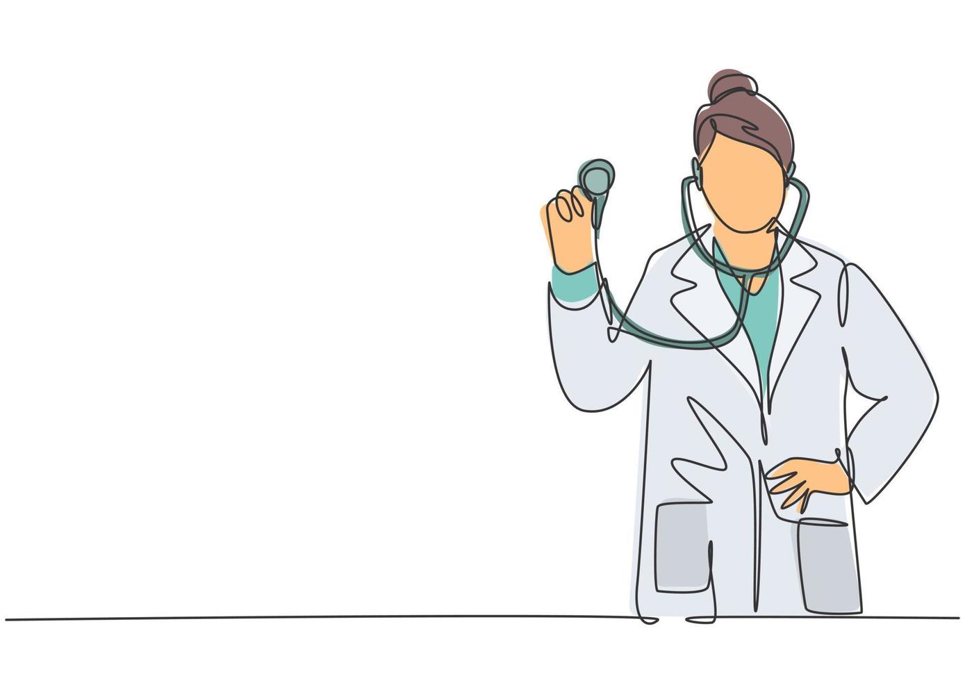 One single line drawing of young happy female doctor pose standing and holding stethoscope at hospital. Medical health care service excellence concept continuous line draw design vector illustration