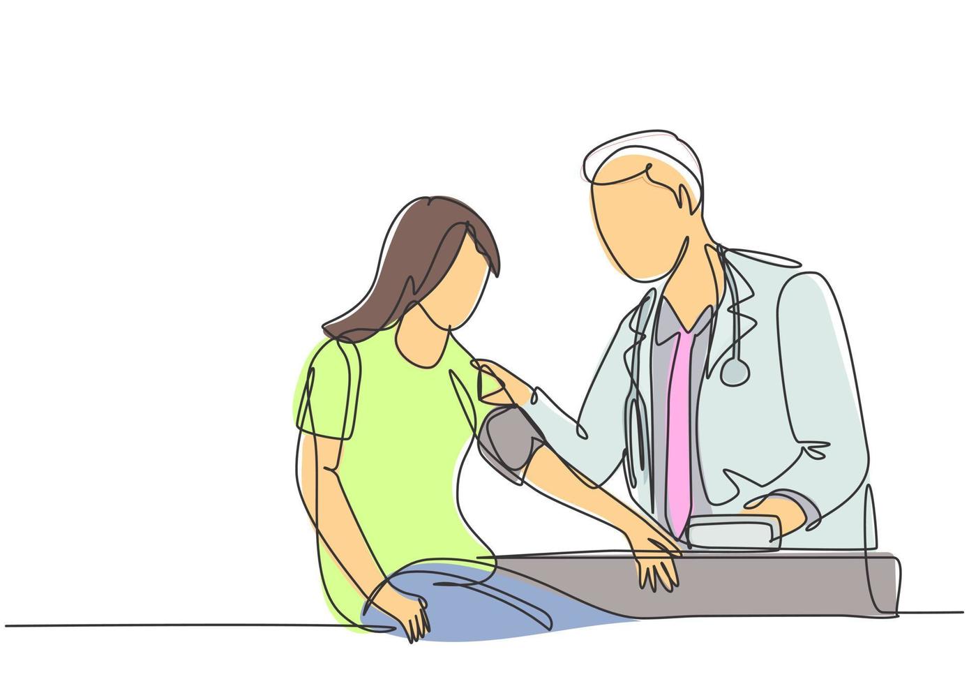 Single continuous line drawing of young male doctor examining young woman patient pulse rate and blood pressure using tensiometer. Medical treatment concept one line draw design vector illustration