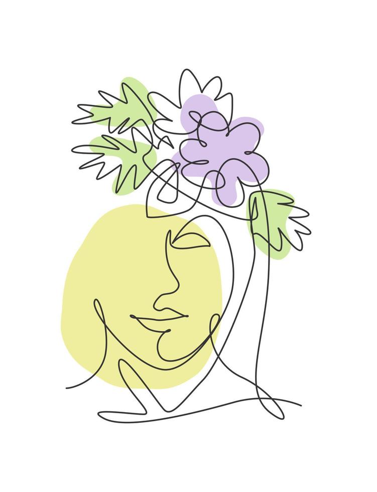 Una sola línea de dibujo belleza cara abstracta con flores naturales ilustración vectorial. concepto de estilo minimalista de retrato de mujer para impresión de decoración de arte de pared. diseño gráfico de dibujo de línea continua moderna vector