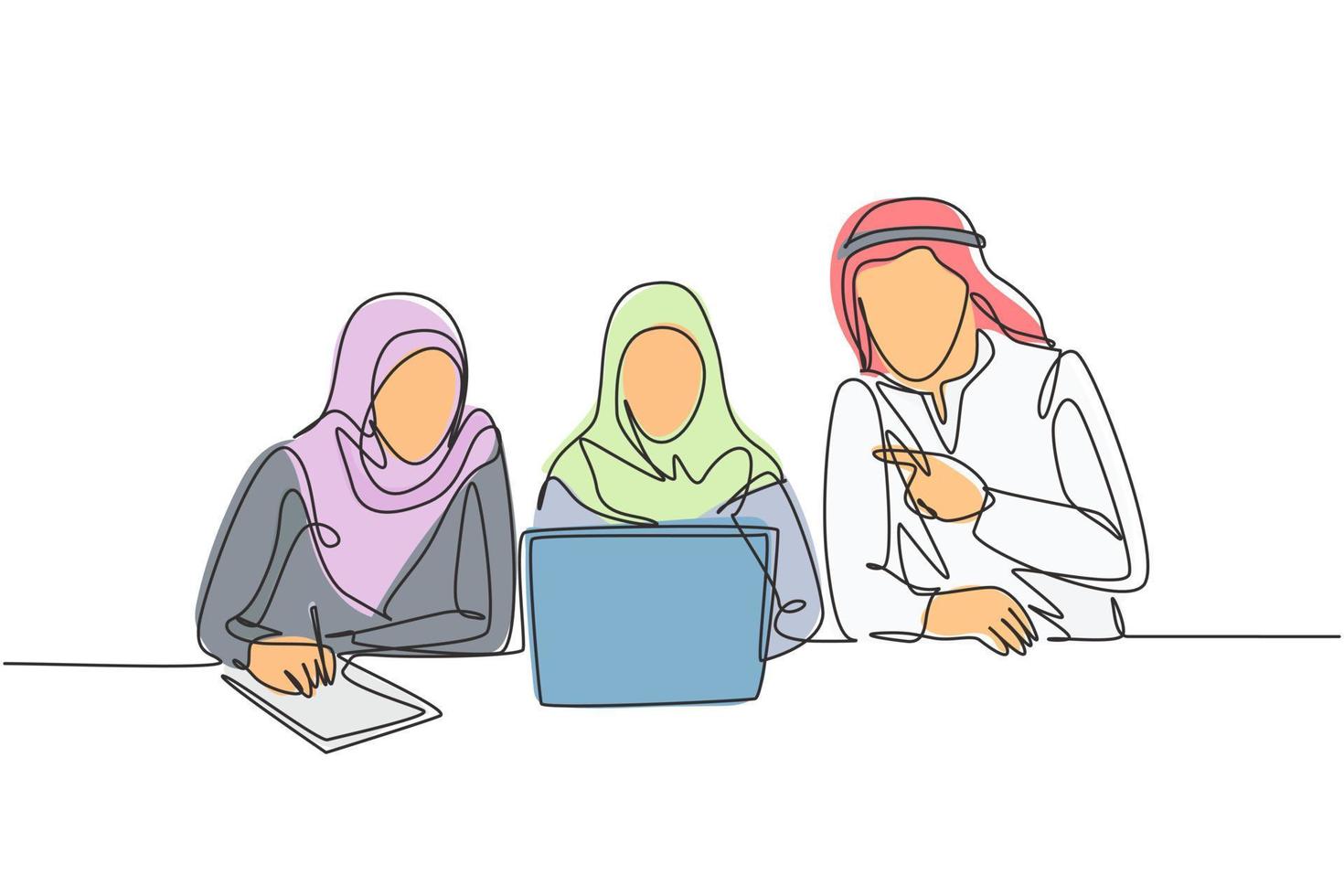 un dibujo de una sola línea de jóvenes empleados musulmanes, hombres y mujeres, que toman horas extras para terminar los trabajos. hijab de tela de arabia saudita, kandora, pañuelo en la cabeza, ghutra. Ilustración de vector de diseño de dibujo de línea continua