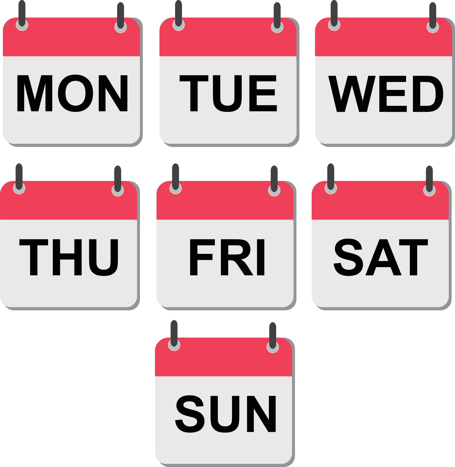 Calendar icons with days of the week. Monday, tuesday, wednesday