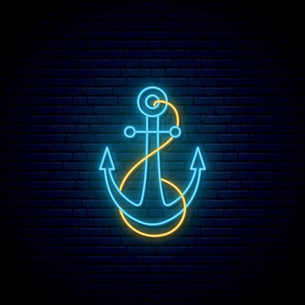 Neon anchor sign. Glowing anchor icon on dark brick wall background. vector