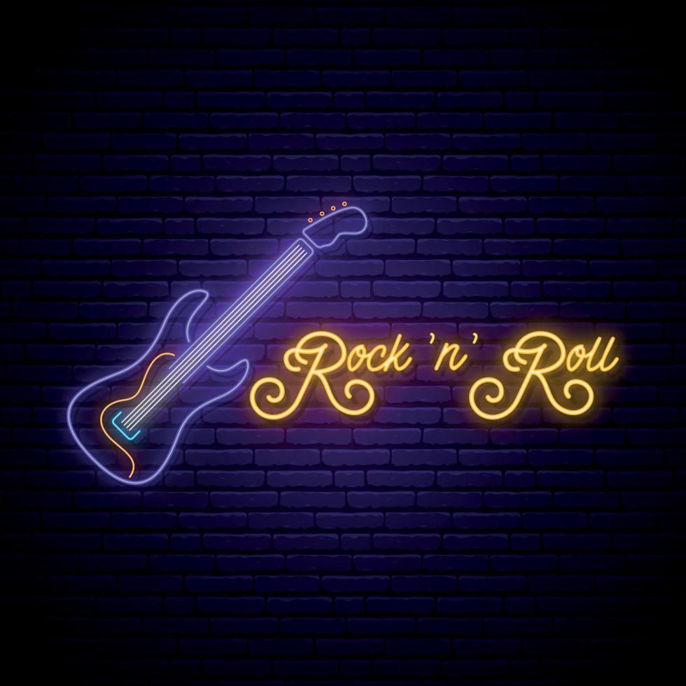 Neon Rock and Roll music sign. Glowing rock guitar icon and text on brick wall background. vector