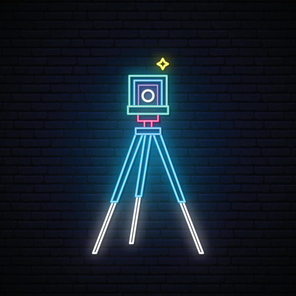 Neon Photo camera sign. Retro photo camera on tripod. vector